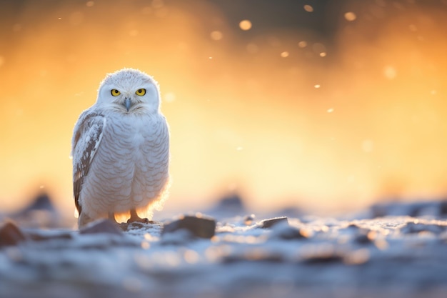 Oświetlona śnieżna sowa w śnieżny wieczór