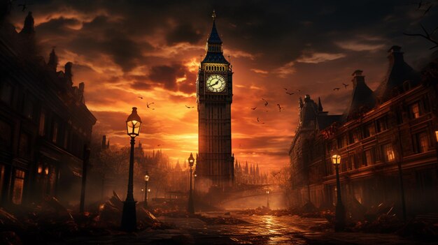 Oświetlona stara gotycka wieża zegarowa stoi wysoko widok nocny obraz generowany przez sztuczną inteligencję