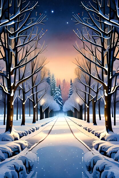 oświetlona zaśnieżona ścieżka w parku w mroźną zimową noc. Wysoka rozdzielczość Realistyczny wygląd Ultra HD