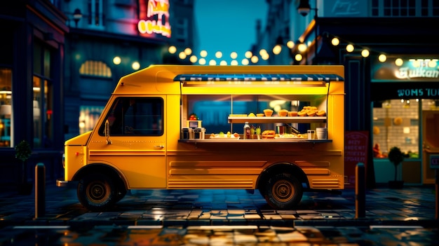 Zdjęcie oświetlona żółta ciężarówka z jedzeniem na ulicy cobblestone w zmierzchu