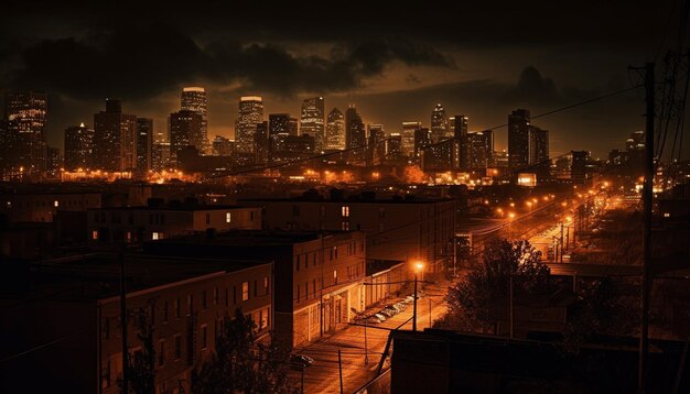 Zdjęcie oświetlone drapacze chmur w dzielnicy finansowej o zmierzchu wygenerowane przez sztuczną inteligencję