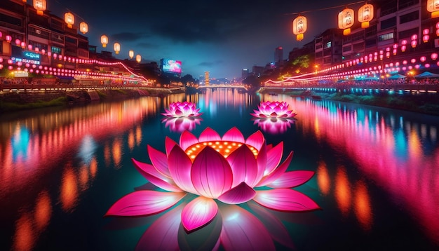 Oświetlone kwiaty lotosu na festiwalnej scenie nocnej na rzece
