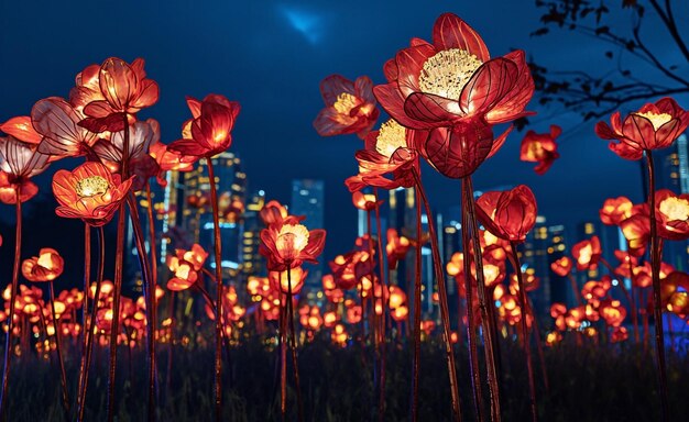 Zdjęcie oświetlone kwiaty w nocy widok z krajobrazem miejskim w tle chińskie święta nowego roku ulica