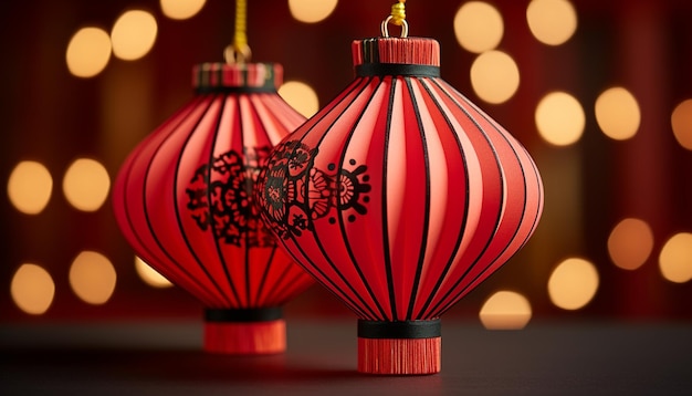 Zdjęcie oświetlone latarnie wiszące świecący symbol chińskiej kultury generowany przez sztuczną inteligencję