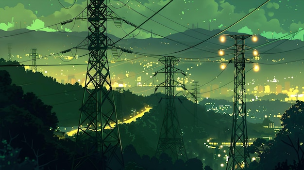 Oświetlone linie elektryczne nad Zieloną Doliną w nocy Scenic Landscape of Energy Supply Nighttime City Lights in Background Koncepcja środowiskowa i technologiczna AI