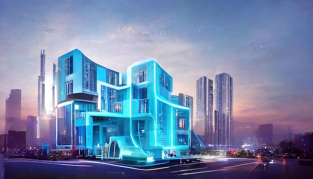 Oświetlony apartamentowiec w futurystycznym nocnym mieście