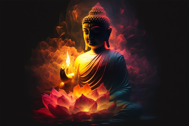 Oświetlony Budda z płomieniem na nim