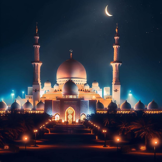 Oświetlony meczet emanuje spokojem podczas Ramadanu