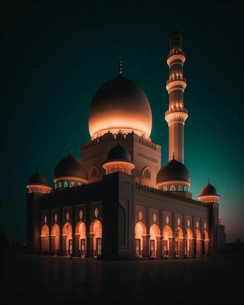 Oświetlony meczet z dużą kopułą i światłem na szczycie.