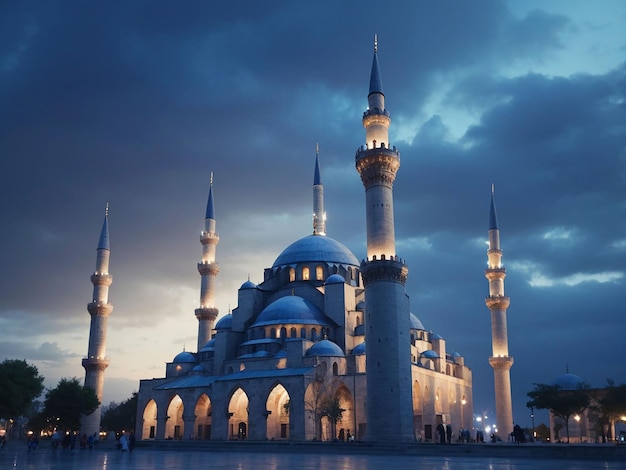 Oświetlony Minaret Symbolizuje Duchowość W Słynnym Błękitnym Meczecie Wygenerowanym Przez Sztuczną Inteligencję