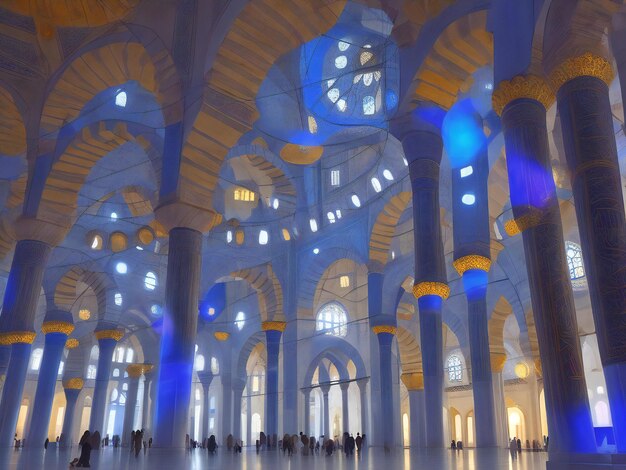 Zdjęcie oświetlony minaret symbolizuje duchowość w słynnym błękitnym meczecie