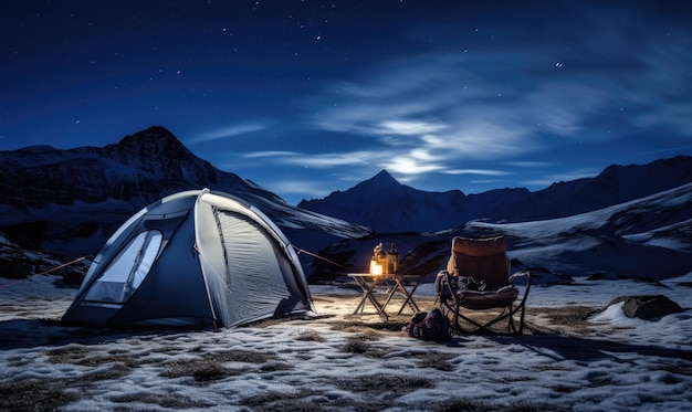 Oświetlony namiot w śnieżnych górach pod gwiezdnym niebem Spokojny moment kempingu alpejskiego uchwycający rozległy splendor natury Stworzony za pomocą narzędzi sztucznej inteligencji