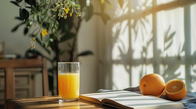 Oświetlony przez słońce kieliszek soku pomarańczowego obok świeżych pomarańczy i otwarta książka przywołująca relaksujący poranek