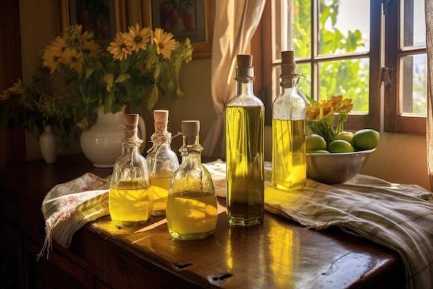 Oświetlony przez słońce stół z domowym limoncello w eleganckich butelkach stworzonych za pomocą generatywnych ai