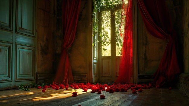 Oświetlony przez słońce vintage pokój z różami rozrzuconymi na drewnianej podłodze