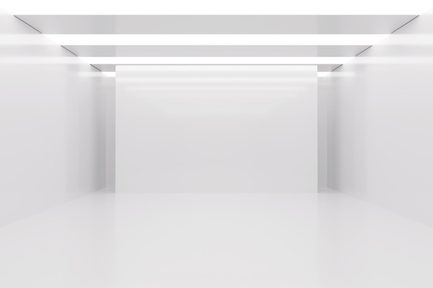 Oświetlony pusty korytarz otwartej przestrzeni lub wnętrze pokoju białe abstrakcyjne tło nowoczesnej architektury renderowania 3d