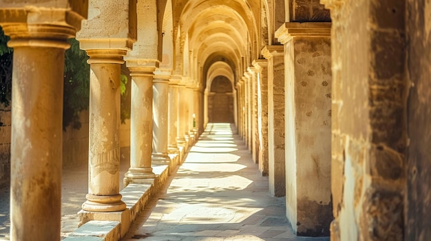 Oświetlony słońcem historyczny korytarz z łukowymi sufitami