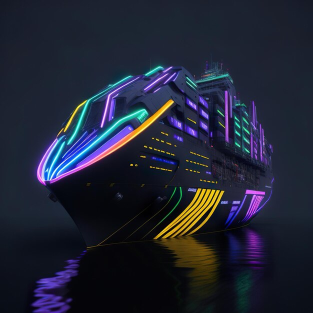 Oświetlony statek z neonowymi światłami
