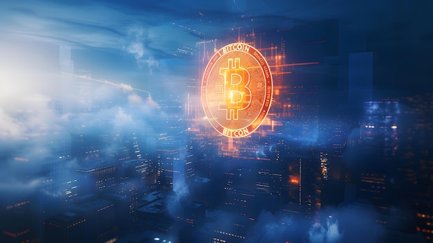 Oświetlony symbol Bitcoina unosi się nad futurystycznym cyfrowym krajobrazem miejskim w nocy