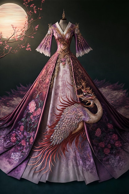 Oszałamiająca chińska jedwabna suknia ślubna Hanfu haftowana Generative Ai