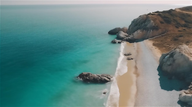 Oszałamiająca fotografia drona wybrzeża z falami w tle błękitnej wody morza