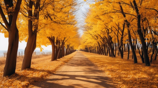 Oszałamiająca fotografia przedstawiająca złote barwy wysadzanej drzewami ścieżki jesienią