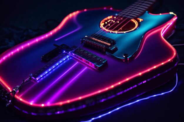 Zdjęcie oszałamiająca gitara neonowa świecąca w ciemności żywymi kolorami