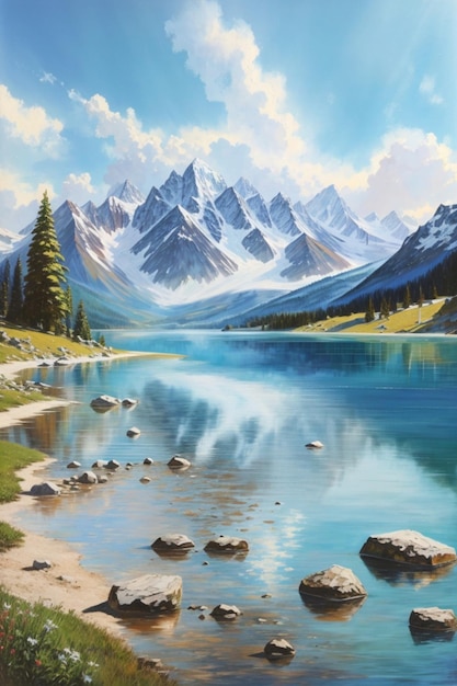 Oszałamiająca grafika przedstawiająca jezioro otoczone górami, drzewami i skałami