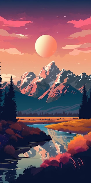 Oszałamiająca ilustracja wektorowa gór, rzeki i zachodu słońca w P