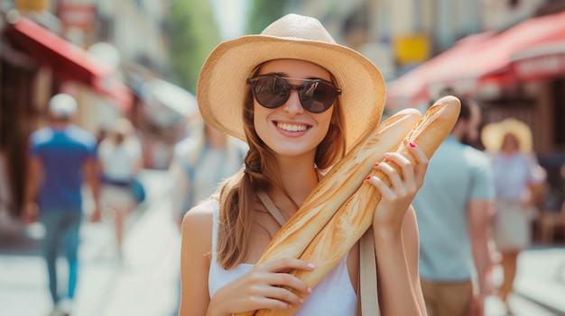 Oszałamiająca młoda kobieta trzymająca francuski chleb na chodniku