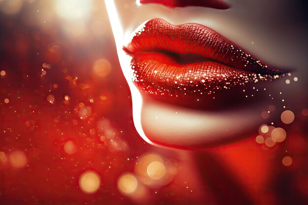 Zdjęcie oszałamiające błyszczące czerwone kobiece usta z rozmytym tłem stworzone za pomocą generatywnej sztucznej inteligencji