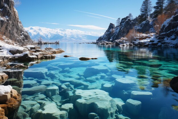 Zdjęcie oszałamiające jezioro baikal, najgłębsze jezioro słodkowodne na świecie.