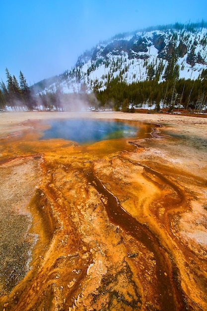 Oszałamiające kolory basenów przy niecce w Yellowstone zimą