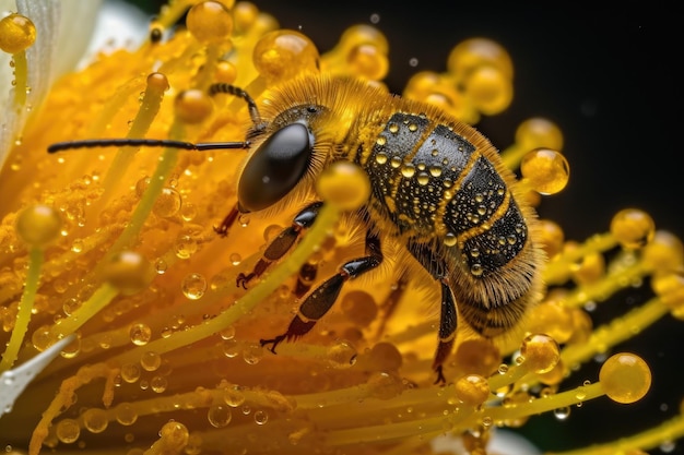 Oszałamiające makro ujęcie kwiatu z pręcikiem pokrytym pyłkiem, utworzone za pomocą generatywnej sztucznej inteligencji