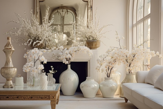 Zdjęcie oszałamiająco urządzone wnętrze białego domu ozdobione wazonami i lustrem