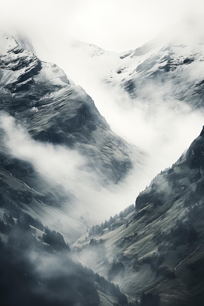 Oszałamiający abstrakcyjny monochromatyczny krajobraz górski z dekoracyjnym, artystycznym czarno-białym stylem