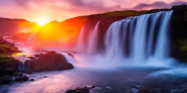 Oszałamiający islandzki wodospad o zachodzie słońca otoczony bujną zielenią