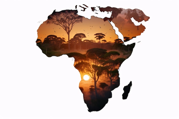 Oszałamiający krajobraz Afryki o zachodzie słońca z sylwetką żyrafy i sztuczną inteligencją bujnych drzew