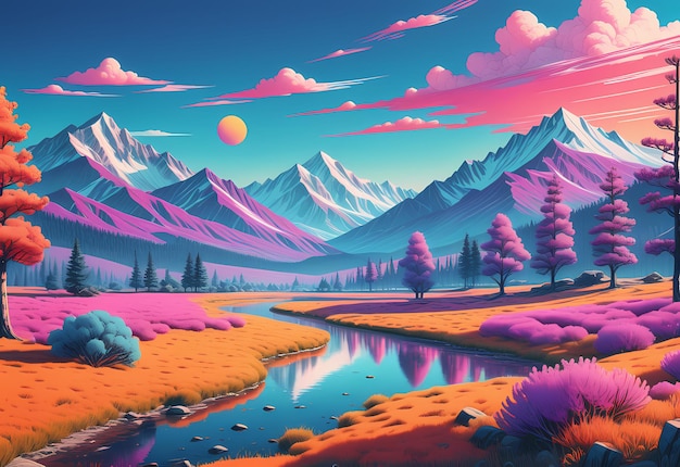Oszałamiający krajobraz zaprojektowany w stylu Riso z żywymi kolorami i abstrakcyjnym tłem