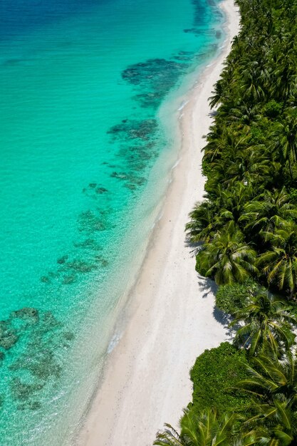 Oszałamiający niebieski ocean i piaszczysta biała wyspa malediwy górny dron widok z lotu ptaka opuszczone ukryte malediwy plaża copyspace dla tekstu