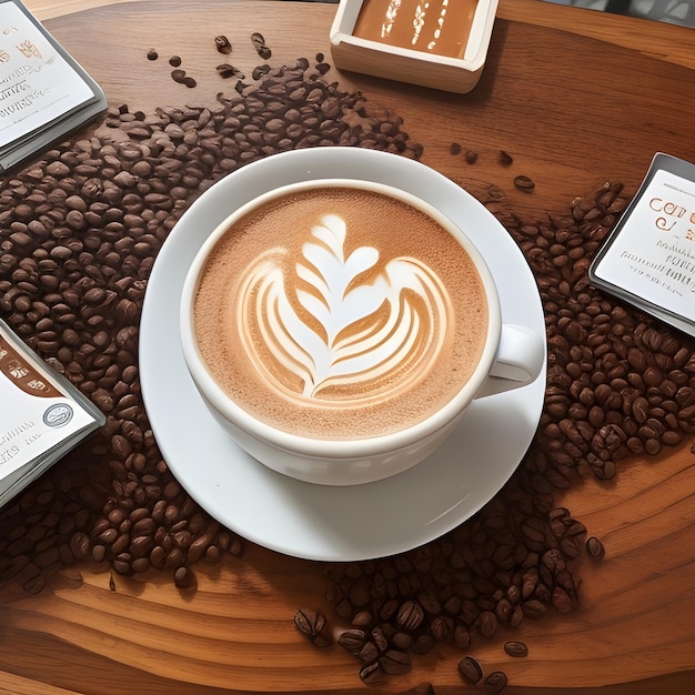 Oszałamiający obraz filiżanki kawy na stole z ziarnami kawy na tapetę z okazji międzynarodowego dnia kawy