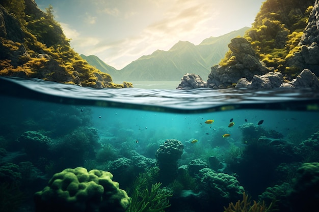 Zdjęcie oszałamiający podwodny krajobraz z majestatycznym pasmem górskim, który można łatwo wykryć