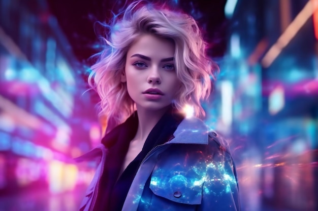 Oszałamiający supermodel północne światła moda oświetlająca ciemną ulicę miasta Cyberpunk styl życia com
