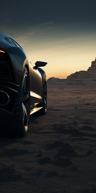 Oszałamiający Vray śledzi czarny sportowy samochód na pustynnym zachodzie słońca