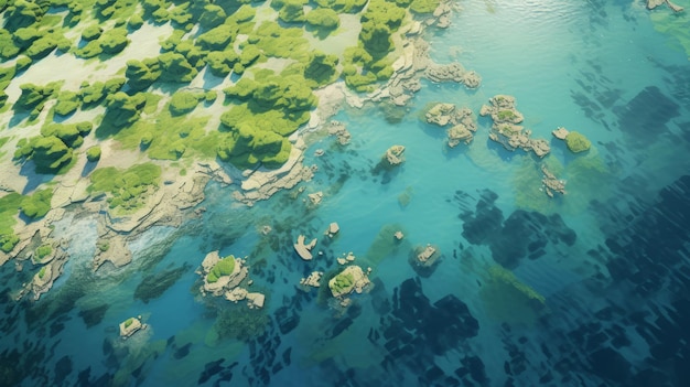 Oszałamiający widok z lotu ptaka na wodę i zielone wyspy w stylu Cryengine
