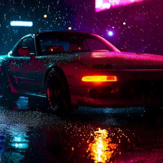 Oszałamiający widok z przodu samochodu z neonowymi światłami i deszczem według AI
