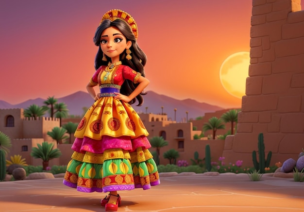oszałamiający zachód słońca kobieta w tradycyjnej meksykańskiej sukience pozuje na portret