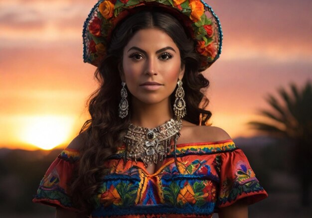 oszałamiający zachód słońca kobieta w tradycyjnej meksykańskiej sukience pozuje na portret