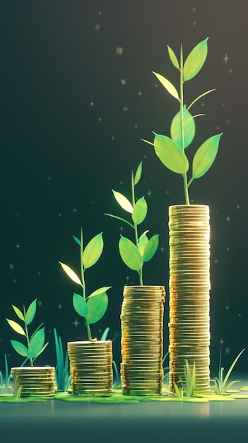 Oszczędności i inwestycje Rosnący stos monet z koncepcją wycofania roślin Vertical Mobile Wallpaper
