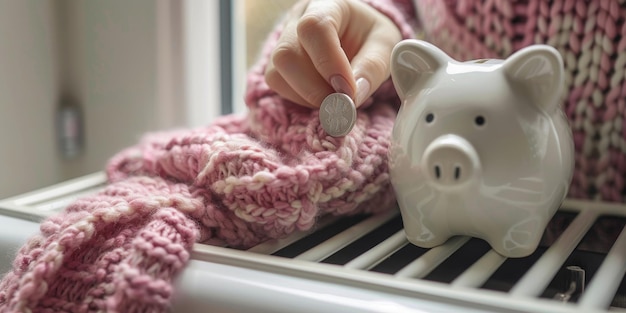 Zdjęcie oszczędzanie pieniędzy w zimie ręka w dzierżawionej rękawiczce wkładając monetę do świnki
